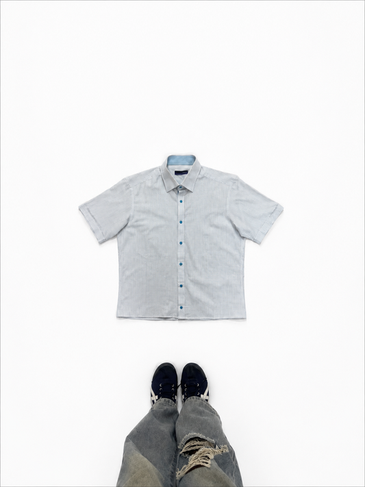 Men's Shirt Button-Down Short Sleeve Vintage Blue Chest Pocket