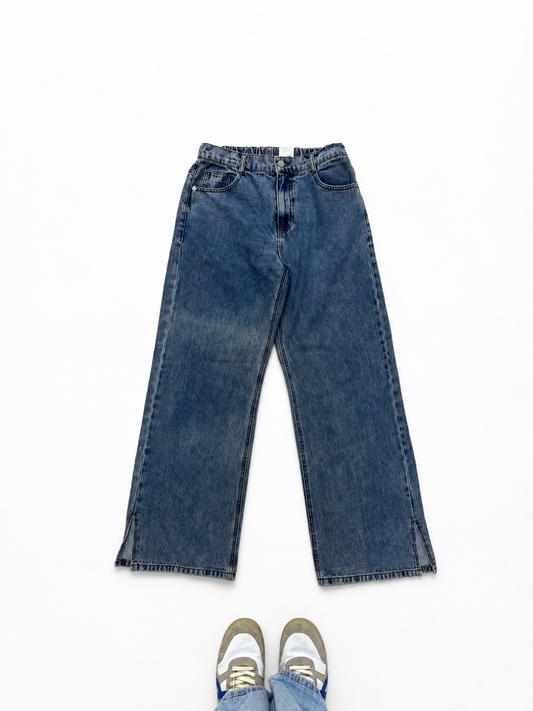 Women's Jeans Wide Leg Mid Blue Side Slit Hem