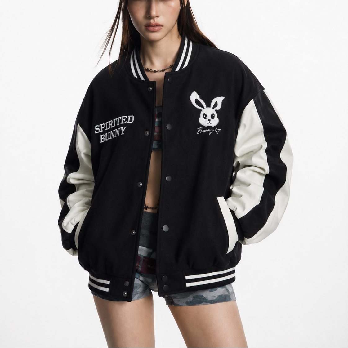 Spirited Bunny Oversized Varsity Bomber Jacket