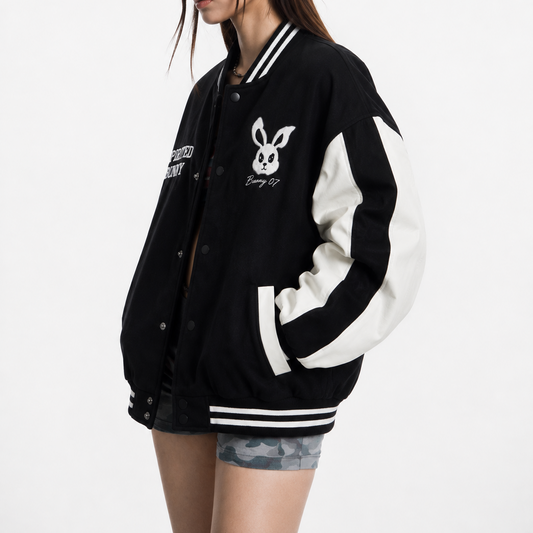 Spirited Bunny Oversized Varsity Bomber Jacket
