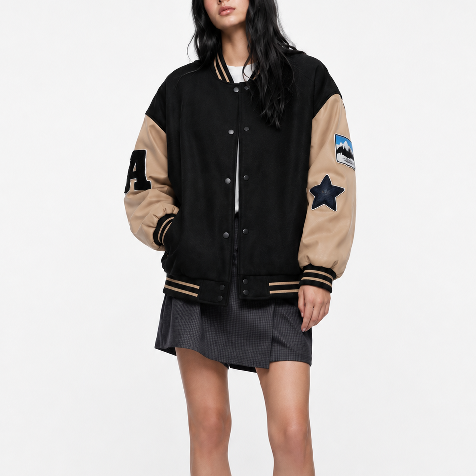 Oversized Patch Work Black & Beige Varsity Bomber Jacket