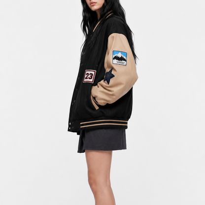 Oversized Patch Work Black & Beige Varsity Bomber Jacket