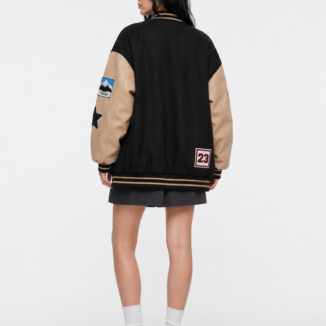 Oversized Patch Work Black & Beige Varsity Bomber Jacket