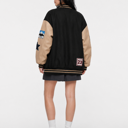 Oversized Patch Work Black & Beige Varsity Bomber Jacket