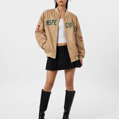 Oversized Beige Varsity Bomber Jacket