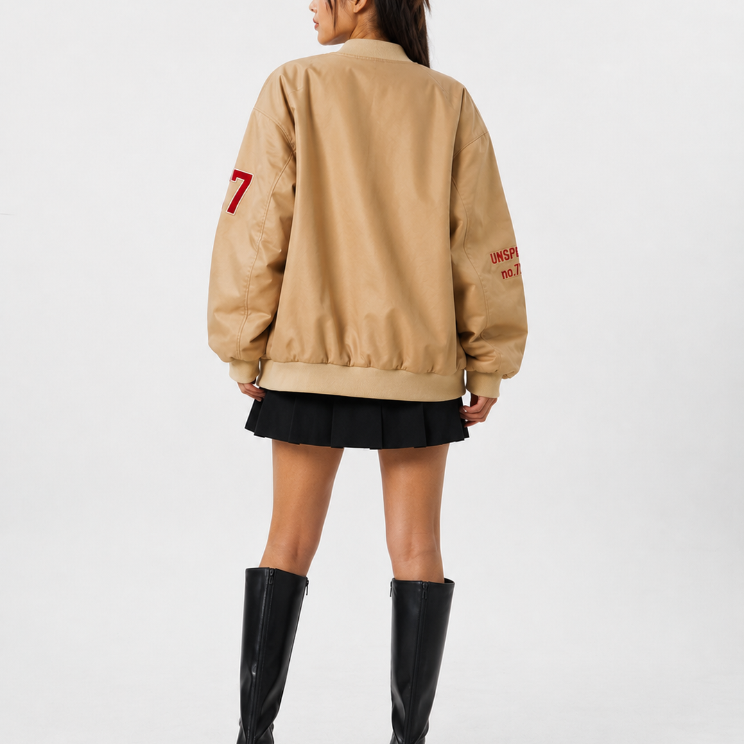 Oversized Beige Varsity Bomber Jacket
