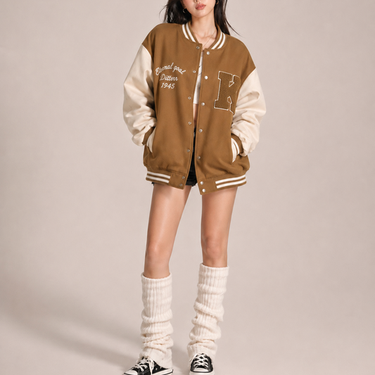Caramel Varsity Bomber Jacket