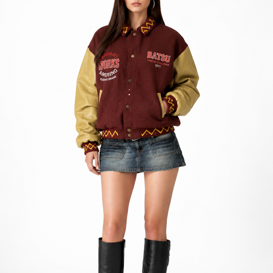 Women’s Burgundy & Tan Vintage Varsity Bomber Jacket
