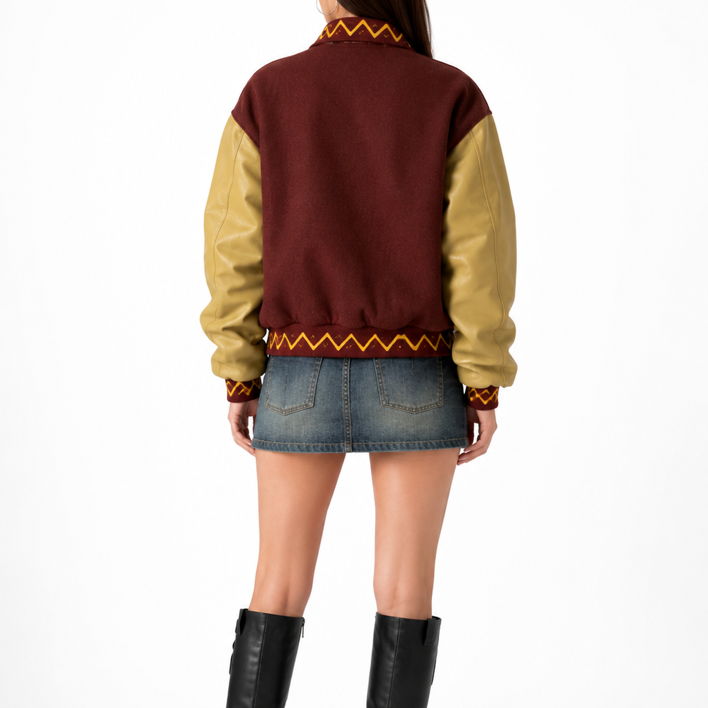 Women’s Burgundy & Tan Vintage Varsity Bomber Jacket
