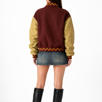 Women’s Burgundy & Tan Vintage Varsity Bomber Jacket