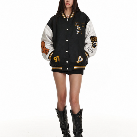 Black & White Patchwork Varsity Bomber Jacket