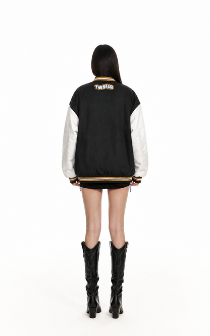 Black & White Patchwork Varsity Bomber Jacket