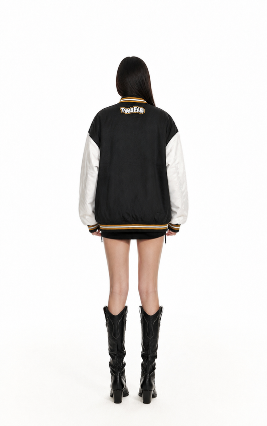 Black & White Patchwork Varsity Bomber Jacket