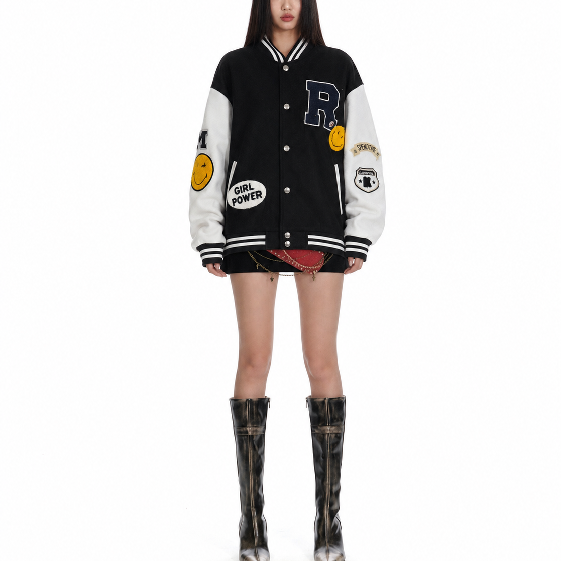 Black & White Patchwork Varsity Bomber Jacket