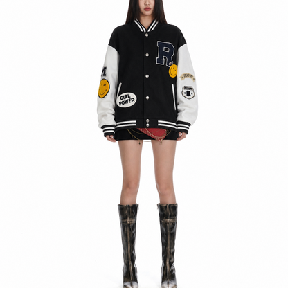 Black & White Patchwork Varsity Bomber Jacket