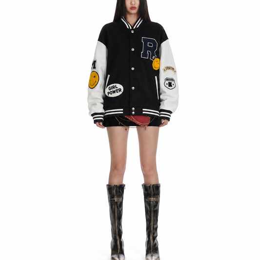 Black & White Patchwork Varsity Bomber Jacket