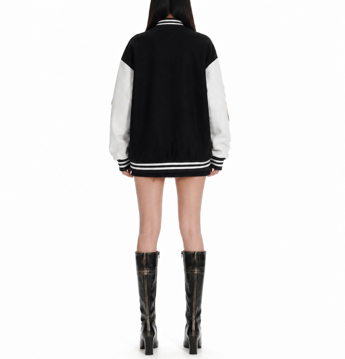 Black & White Patchwork Varsity Bomber Jacket