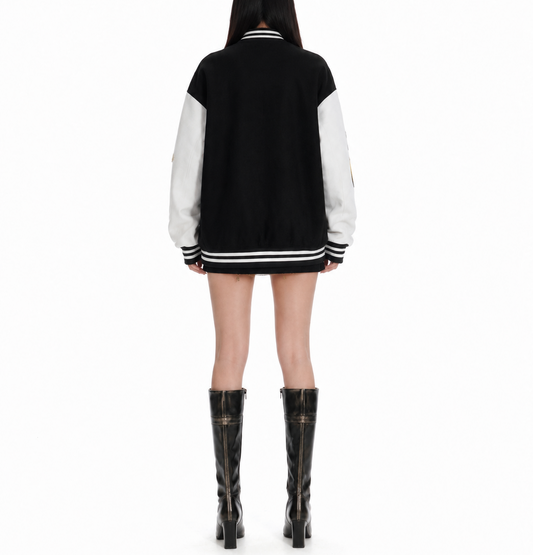 Black & White Patchwork Varsity Bomber Jacket