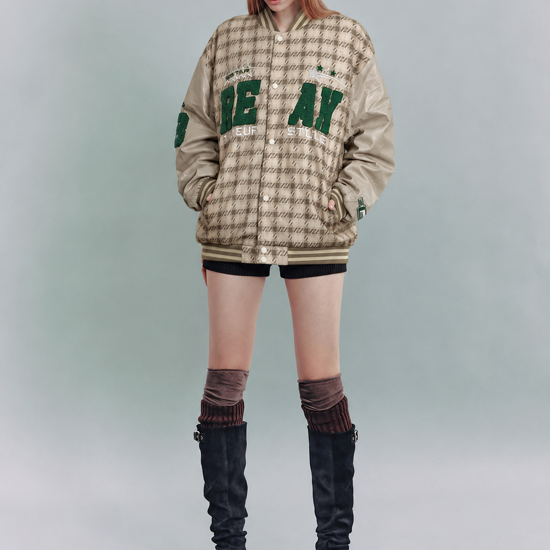 Beige & Green Collegiate Varsity Bomber Jacket
