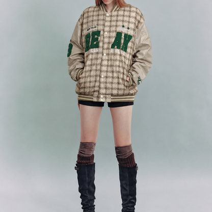 Beige & Green Collegiate Varsity Bomber Jacket