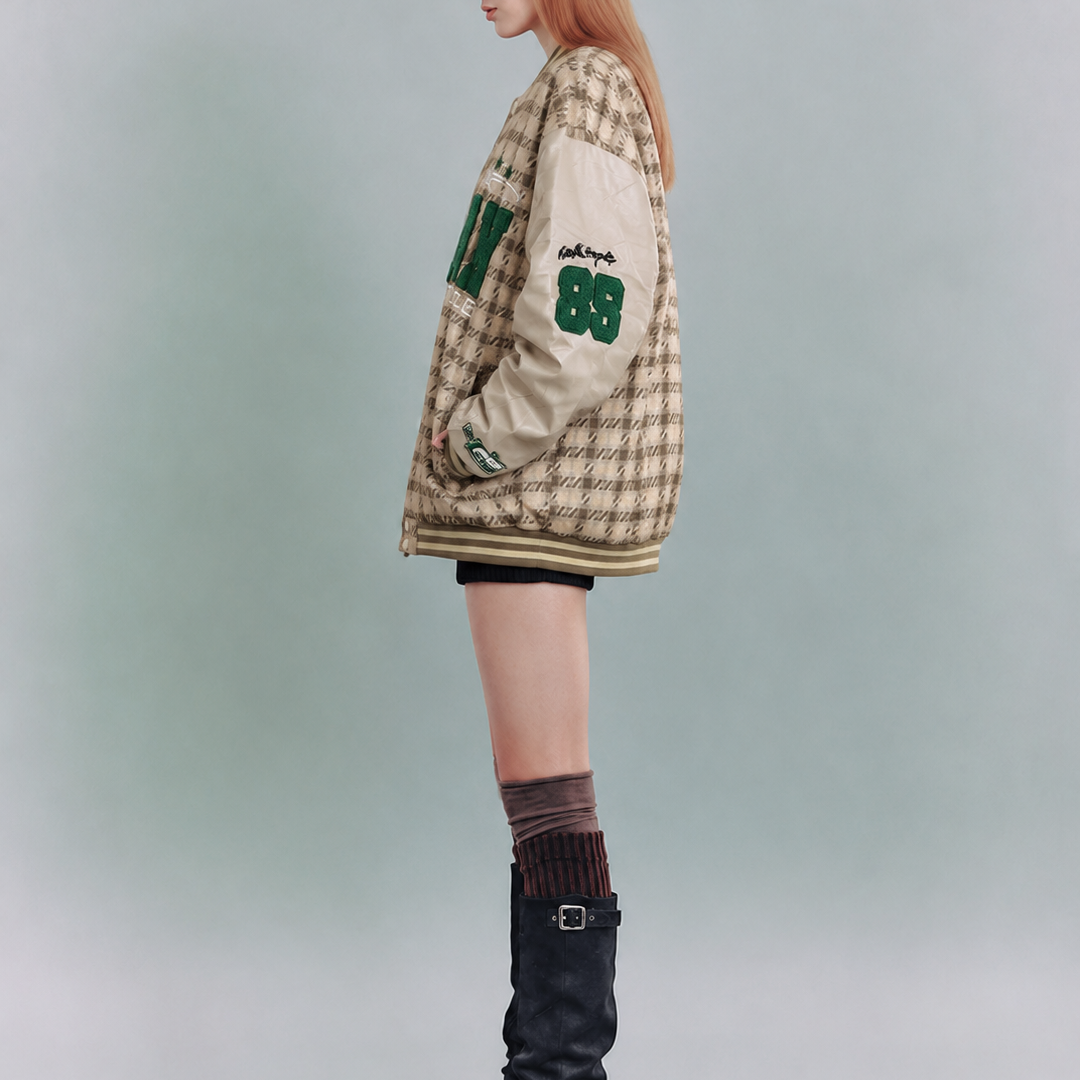 Beige & Green Collegiate Varsity Bomber Jacket