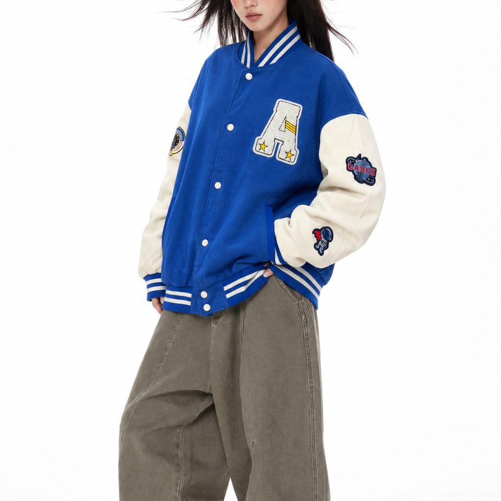 Royal Blue & Cream Patchwork Varsity Bomber Jacket