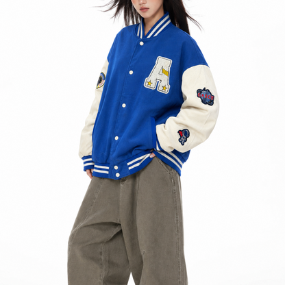 Royal Blue & Cream Patchwork Varsity Bomber Jacket