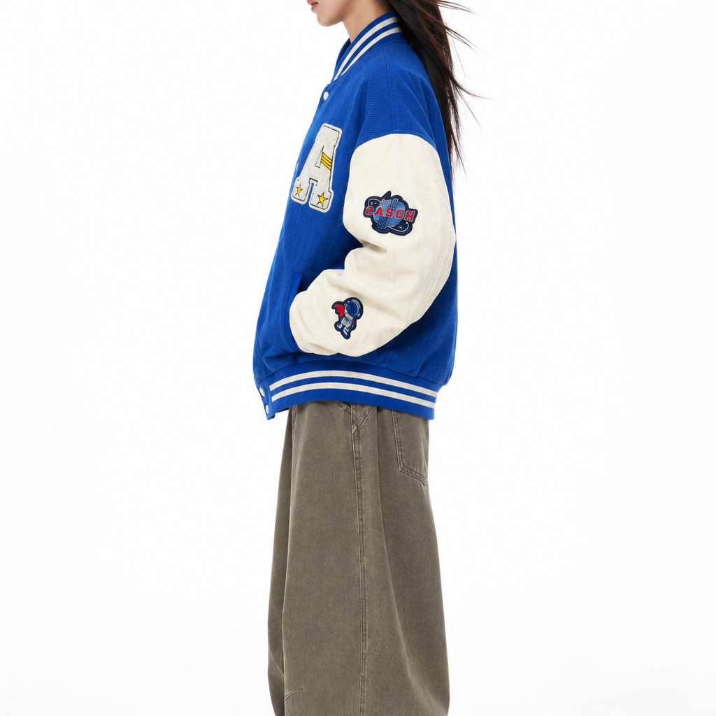 Royal Blue & Cream Patchwork Varsity Bomber Jacket