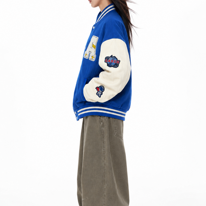 Royal Blue & Cream Patchwork Varsity Bomber Jacket