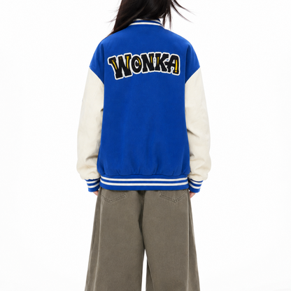 Royal Blue & Cream Patchwork Varsity Bomber Jacket