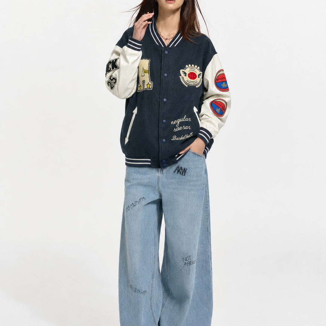 Navy & Cream Collegiate Patchwork Varsity Bomber Jacket