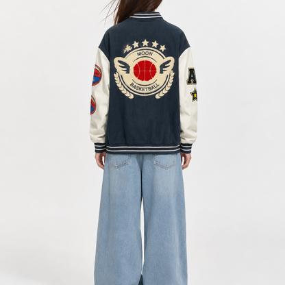 Navy & Cream Collegiate Patchwork Varsity Bomber Jacket