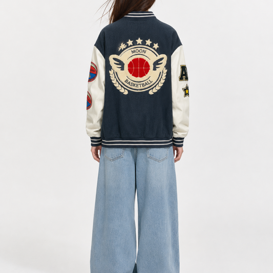 Navy & Cream Collegiate Patchwork Varsity Bomber Jacket