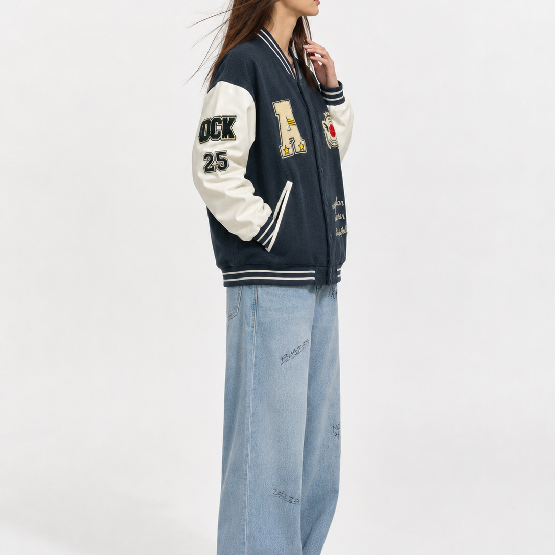Navy & Cream Collegiate Patchwork Varsity Bomber Jacket