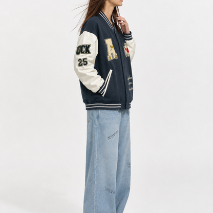 Navy & Cream Collegiate Patchwork Varsity Bomber Jacket