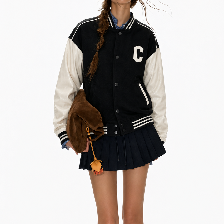 Oversized Black & White Varsity Bomber Jacket