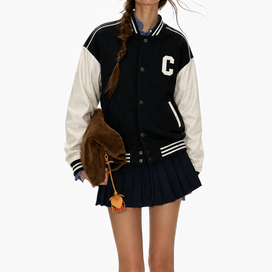 Oversized Black & White Varsity Bomber Jacket