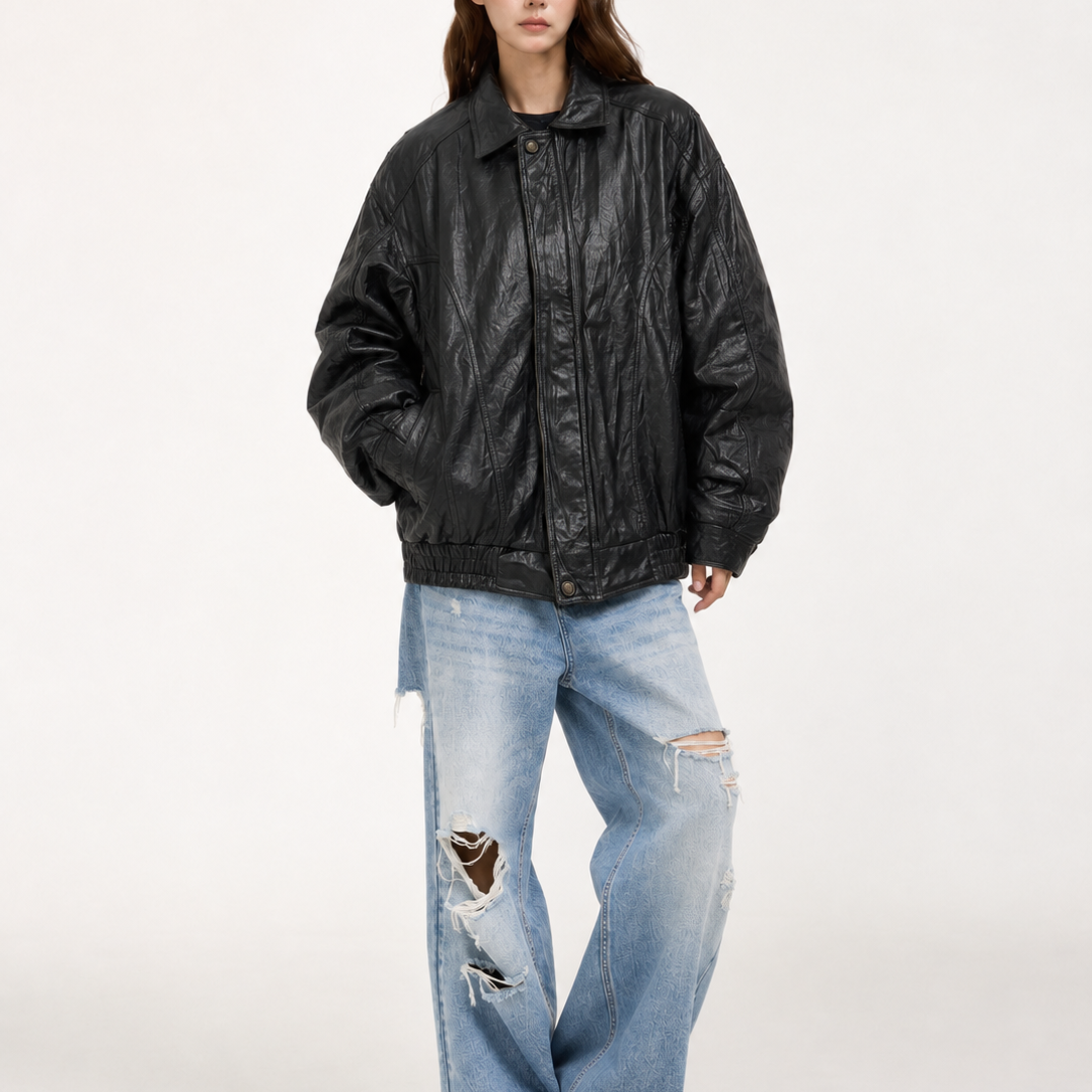 Women's Vintage Black Oversized Fit Leather Bomber Jacket