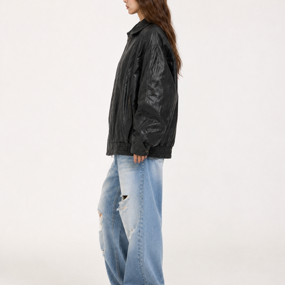Women's Vintage Black Oversized Fit Leather Bomber Jacket