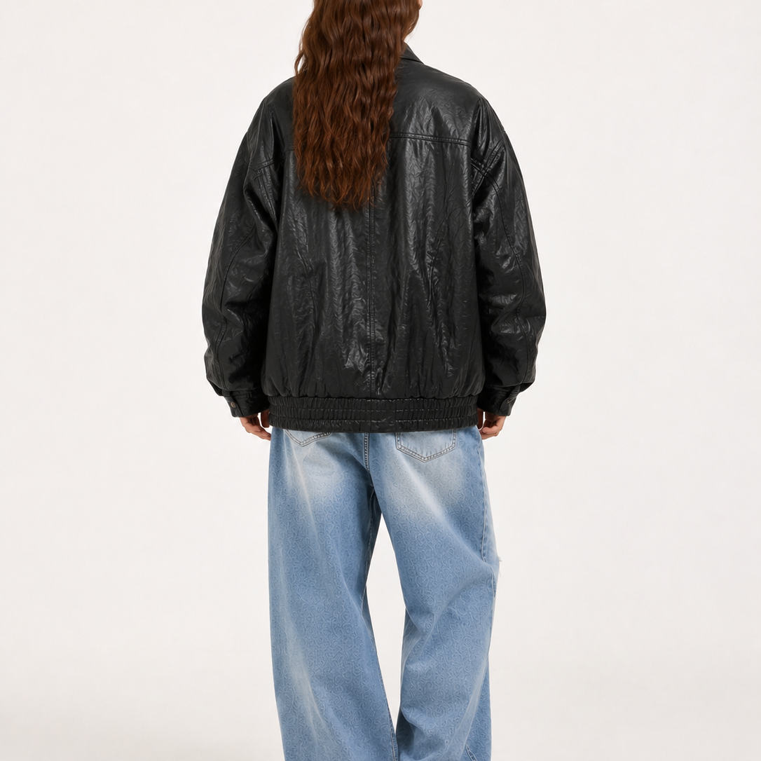 Women's Vintage Black Oversized Fit Leather Bomber Jacket