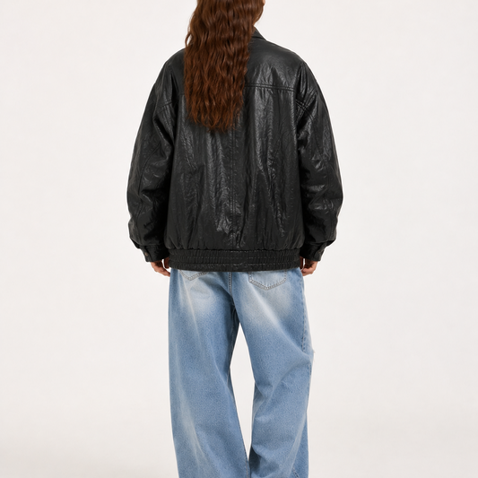 Women's Vintage Black Oversized Fit Leather Bomber Jacket