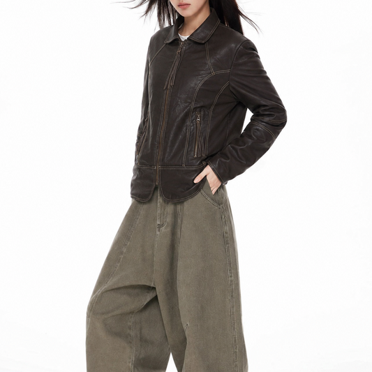 Women's Vintage Dark Brown Distressed Leather Jacket