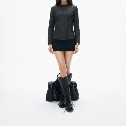 Women's Black Quilted Fitted Fit Leather Jacket