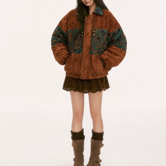 Unisex Vintage Rust Brown & Forest Green Patterned Oversized Bomber Jacket