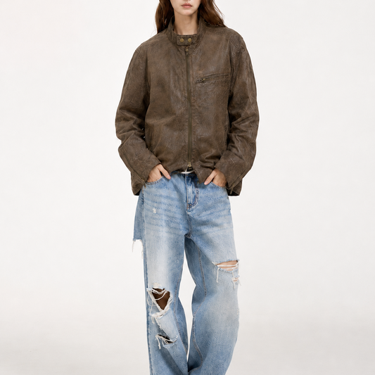 Unisex Vintage Brown Distressed Leather Jacket