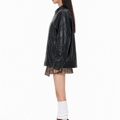 Women's Vintage Relaxed Fit Black Leather Jacket