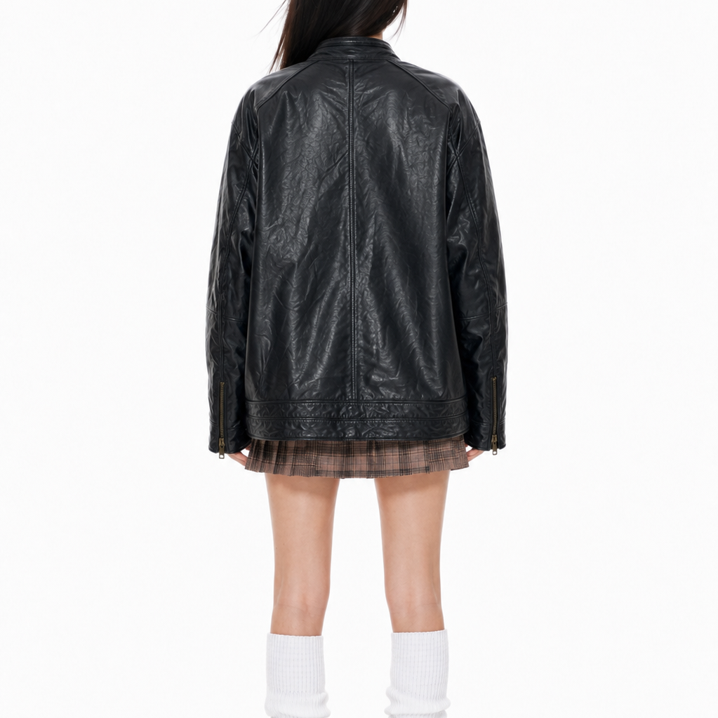 Women's Vintage Relaxed Fit Black Leather Jacket