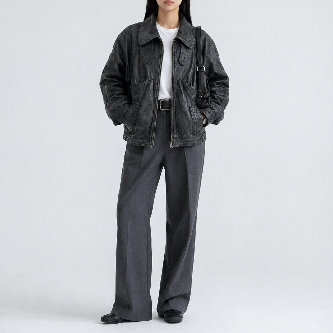 Women's Vintage Black Relaxed Fit Utility Leather Jacket