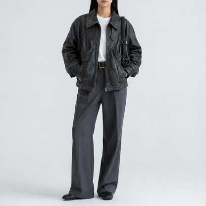 Women's Vintage Black Relaxed Fit Utility Leather Jacket