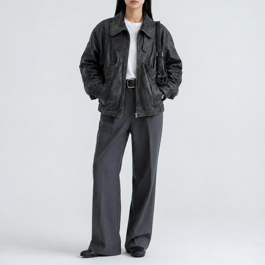 Women's Vintage Black Relaxed Fit Utility Leather Jacket